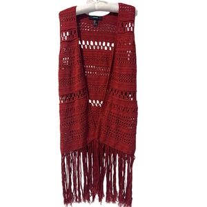 Forever 21 Women's Crochet Fringe Open Front Sleeveless Sweater‎ Cardigan Boho